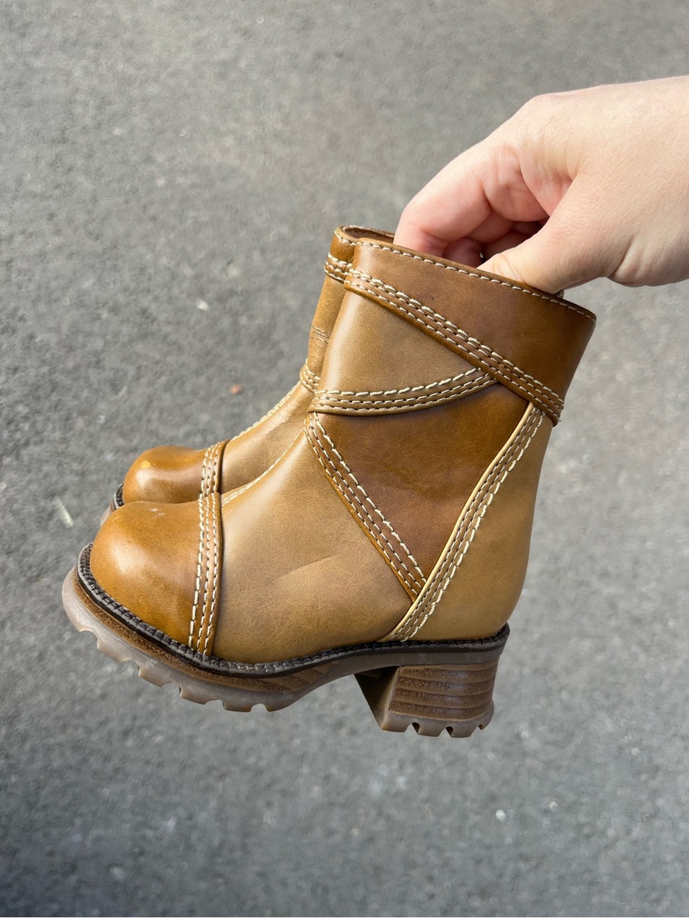 Vintage Y2K Girls Patchwork Brown Faux Leather Chunky Heel Boots 5